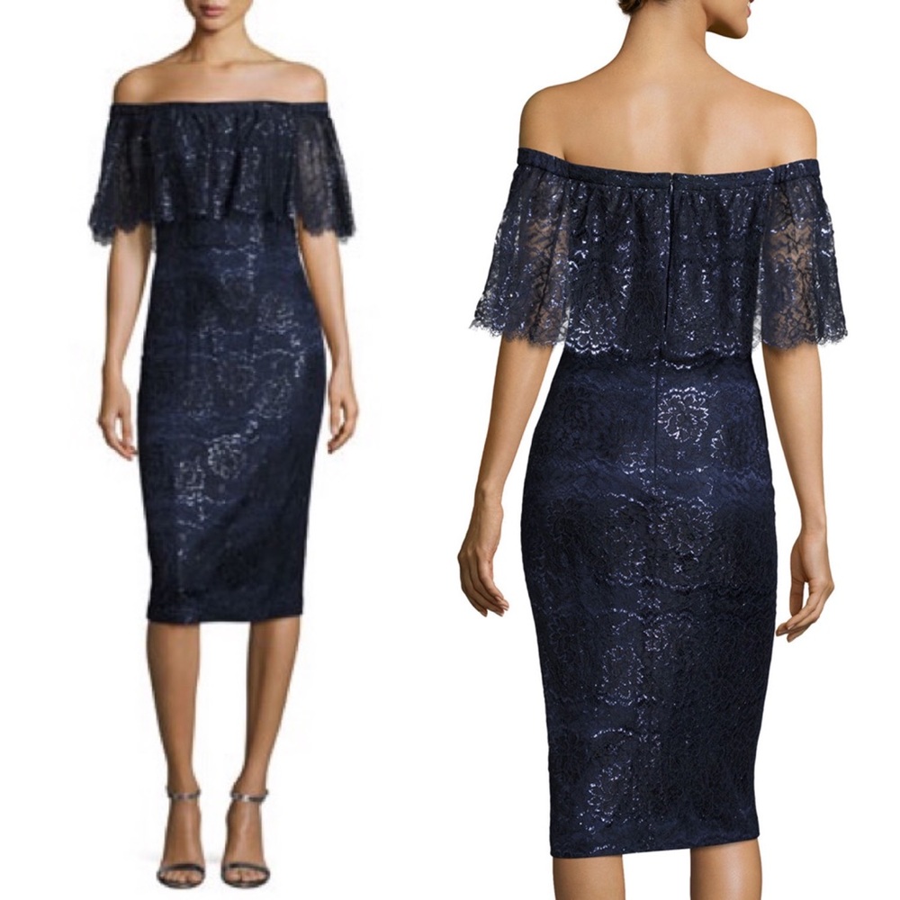BHLDN Theia Navy Blue Metallic Lace Cocktail Dress